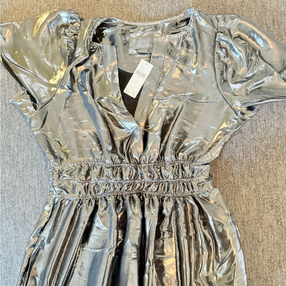 Shiny Silver Dress with Puff Sleeves